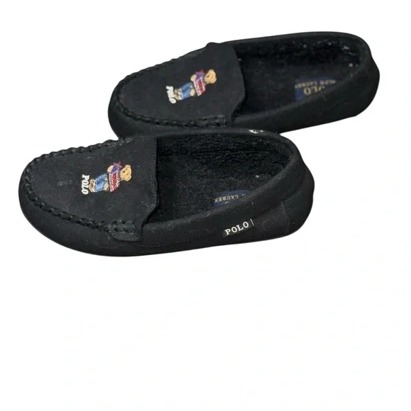 Polo by Ralph Lauren Black Moccasins Kids House Slippers with Bear Design - Picture 3 of 9